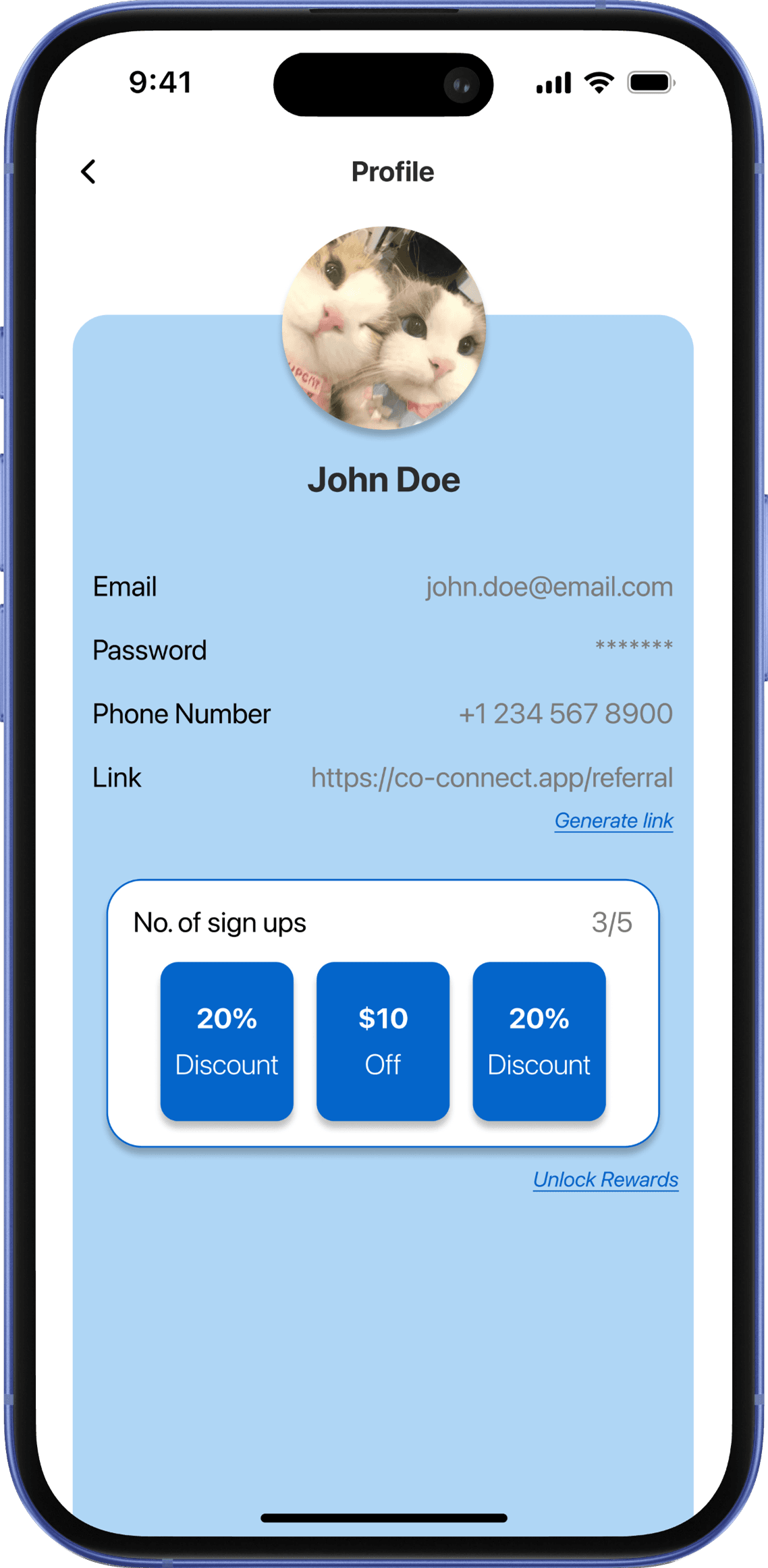 Co-Connect profile and referral rewards screen