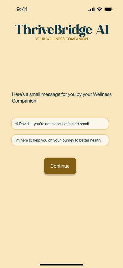 ThriveBridge welcome and voice setup screen